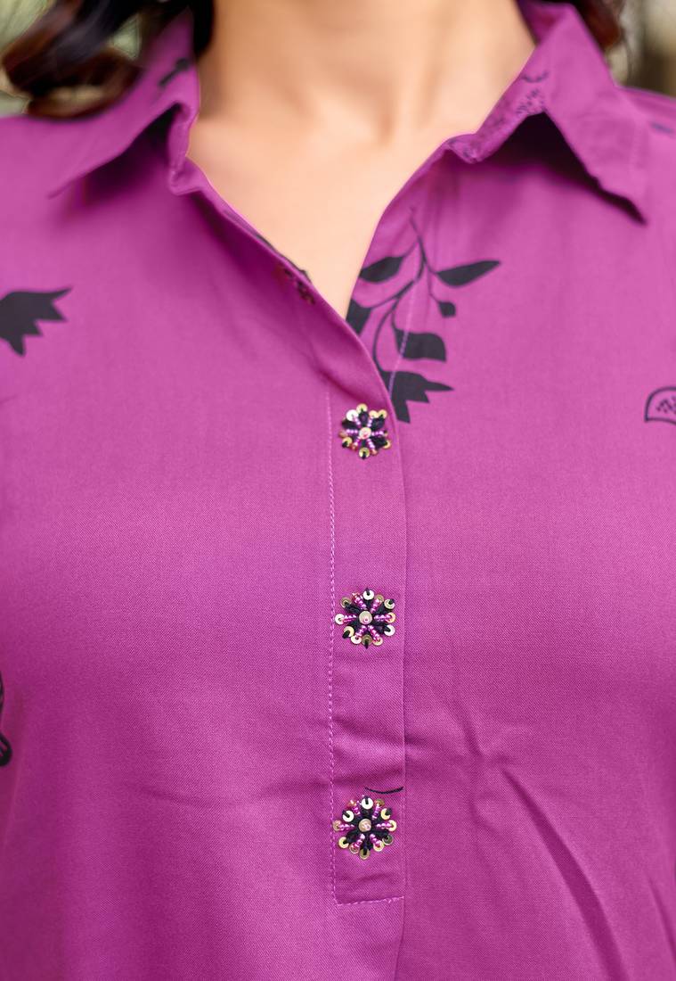 Printed Shirt Collar Top With Trouser