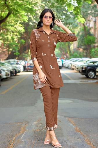 Printed Shirt Collar Top With Trouser