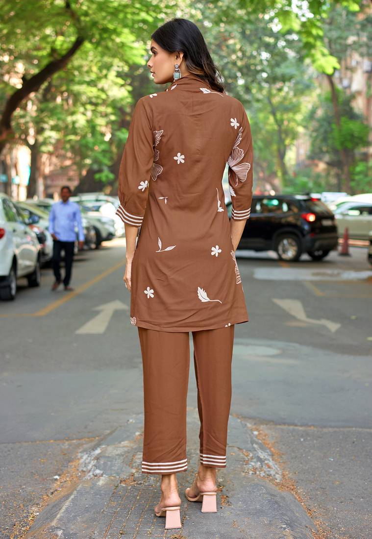 Printed Shirt Collar Top With Trouser