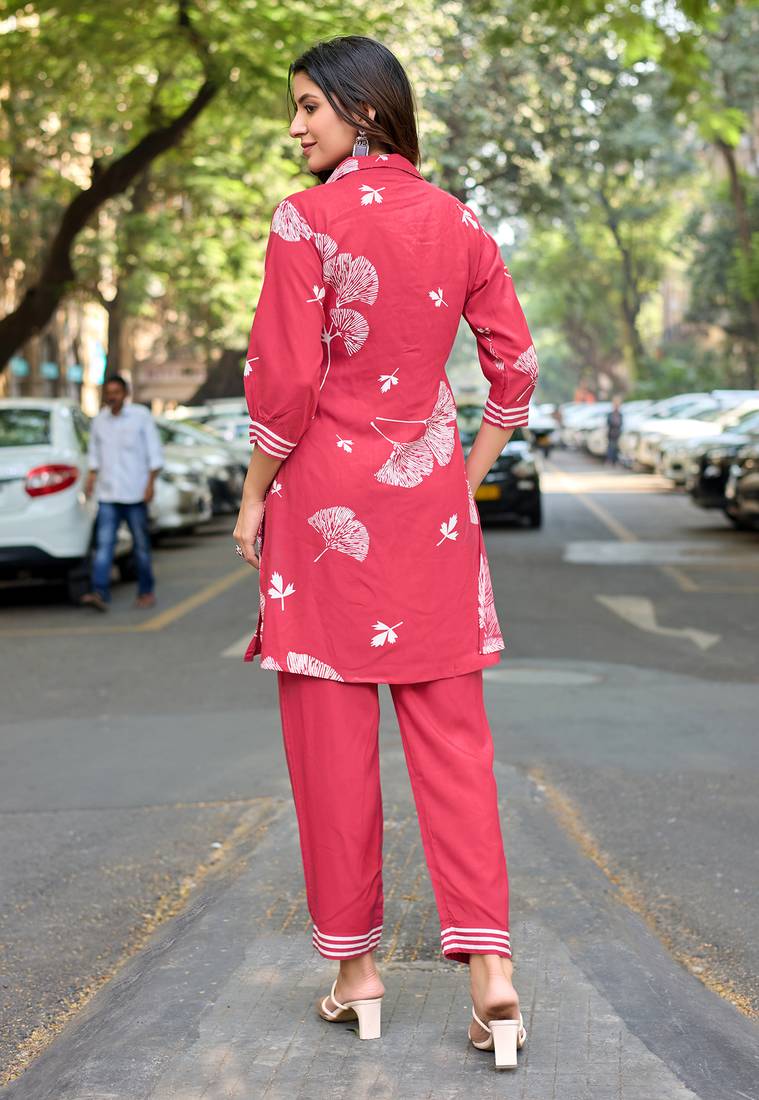 Printed Shirt Collar Top With Trouser