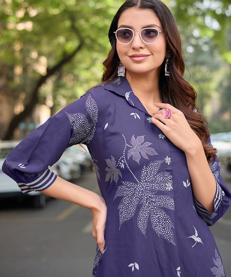 Printed Shirt Collar Top With Trouser