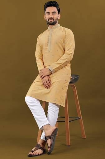 Men's light orange matka silk silver zari with embroidery butti work kurta set