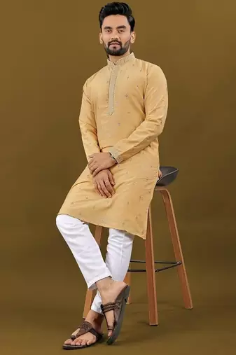Men's light orange matka silk silver zari with embroidery butti work kurta set