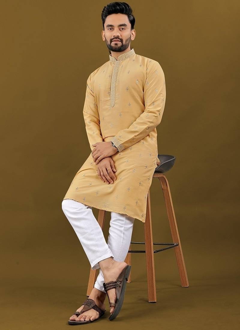 Men's light orange matka silk silver zari with embroidery butti work kurta set