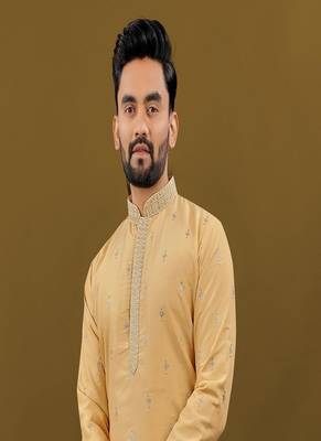 Men's light orange matka silk silver zari with embroidery butti work kurta set 2
