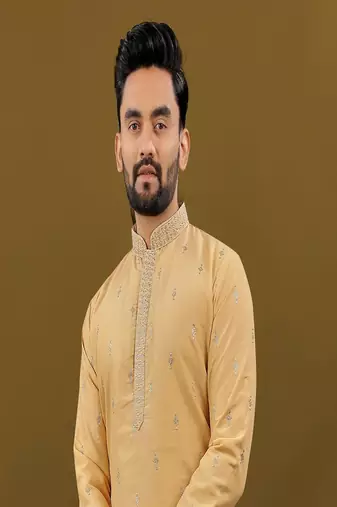 Men's light orange matka silk silver zari with embroidery butti work kurta set