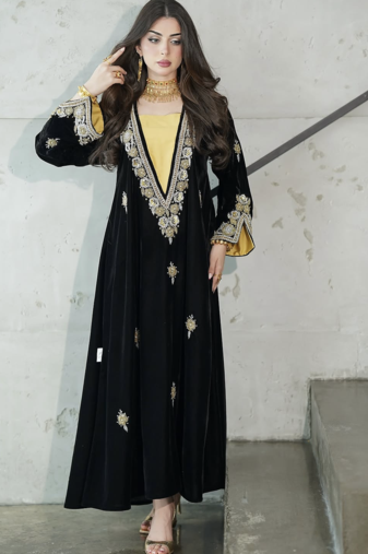 Black Velvet Embroidered Stitched Kaftan Abaya with Gold Detailing & Inner Contrast Panel