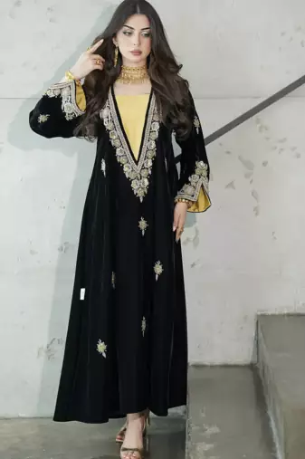 Black Velvet Embroidered Stitched Kaftan Abaya with Gold Detailing & Inner Contrast Panel