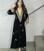 Black Velvet Embroidered Stitched Kaftan Abaya with Gold Detailing & Inner Contrast Panel