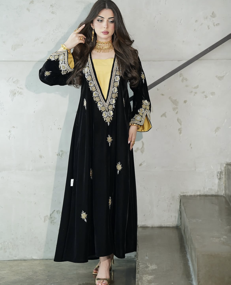 Black Velvet Embroidered Stitched Kaftan Abaya with Gold Detailing & Inner Contrast Panel