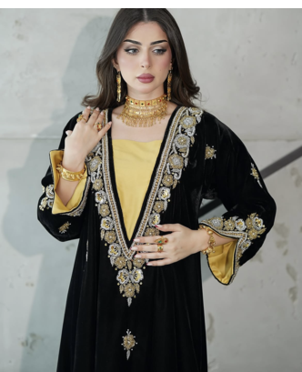 Black Velvet Embroidered Stitched Kaftan Abaya with Gold Detailing & Inner Contrast Panel 2