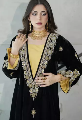 Black Velvet Embroidered Stitched Kaftan Abaya with Gold Detailing & Inner Contrast Panel