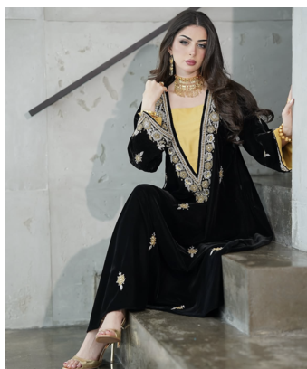 Black Velvet Embroidered Stitched Kaftan Abaya with Gold Detailing & Inner Contrast Panel 3