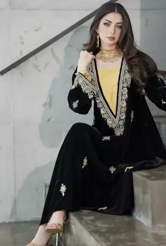Black Velvet Embroidered Stitched Kaftan Abaya with Gold Detailing & Inner Contrast Panel