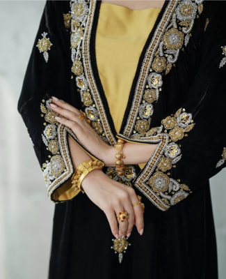 Black Velvet Embroidered Stitched Kaftan Abaya with Gold Detailing & Inner Contrast Panel 4