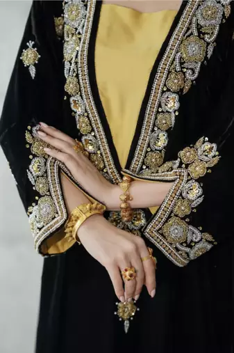 Black Velvet Embroidered Stitched Kaftan Abaya with Gold Detailing & Inner Contrast Panel
