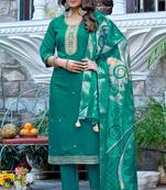 Floral Yoke Design Thread Work Straight Kurta With Trouser & Dupatta