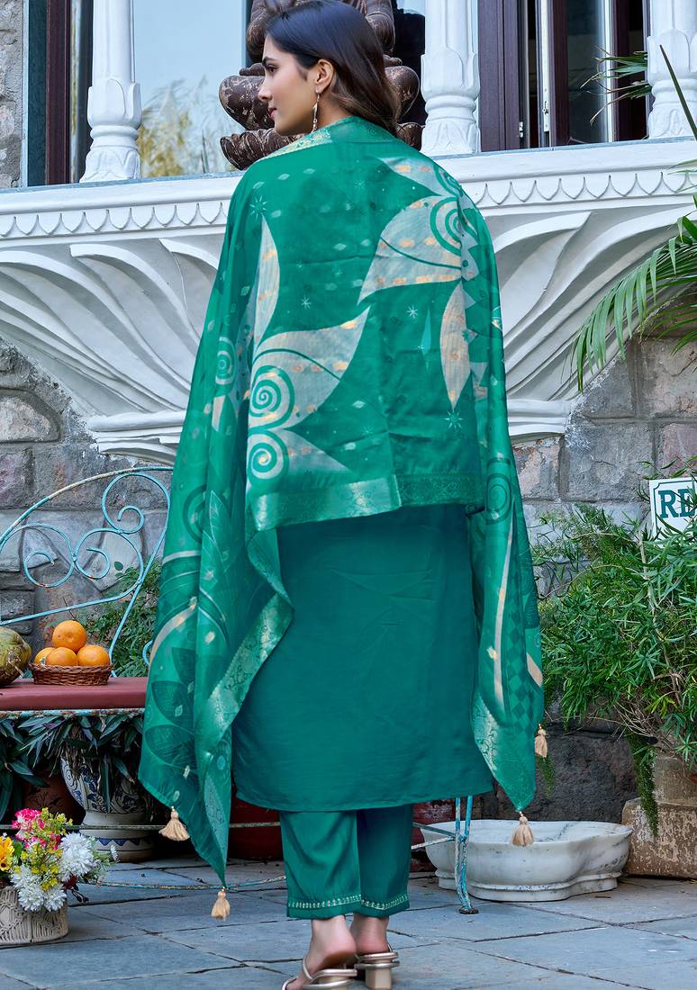 Floral Yoke Design Thread Work Straight Kurta With Trouser & Dupatta