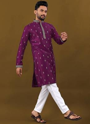 Men's purple matka silk silver zari with embroidery butti work kurta set 1
