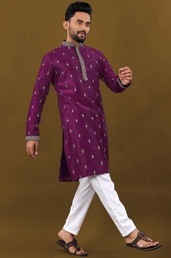 Men's purple matka silk silver zari with embroidery butti work kurta set