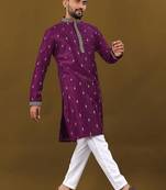 Men's purple matka silk silver zari with embroidery butti work kurta set