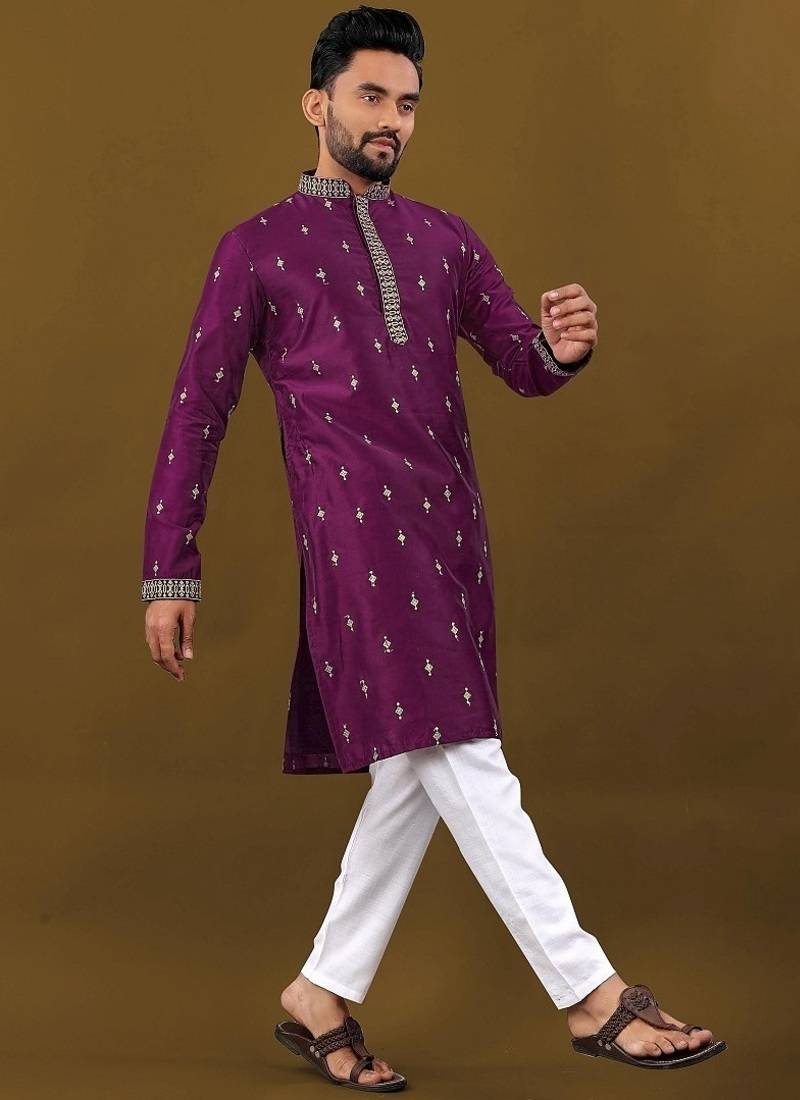 Men's purple matka silk silver zari with embroidery butti work kurta set