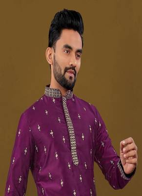 Men's purple matka silk silver zari with embroidery butti work kurta set 2