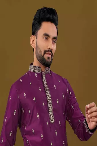 Men's purple matka silk silver zari with embroidery butti work kurta set