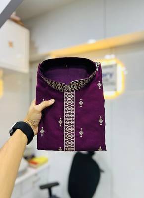 Men's purple matka silk silver zari with embroidery butti work kurta set 3