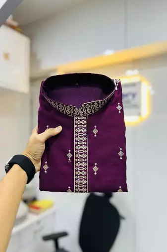 Men's purple matka silk silver zari with embroidery butti work kurta set