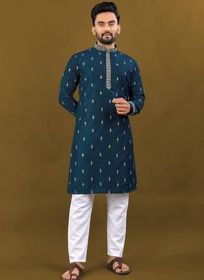 Men's rama blue matka silk silver zari with embroidery butti work kurta set 1