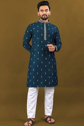 Men's rama blue matka silk silver zari with embroidery butti work kurta set