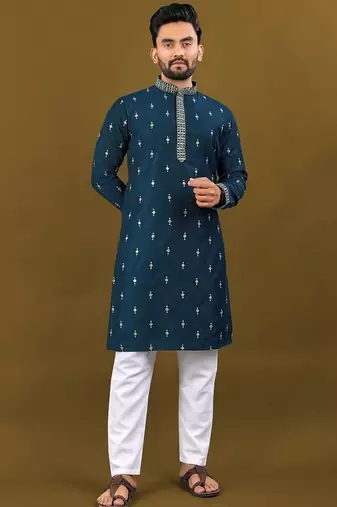 Men's rama blue matka silk silver zari with embroidery butti work kurta set