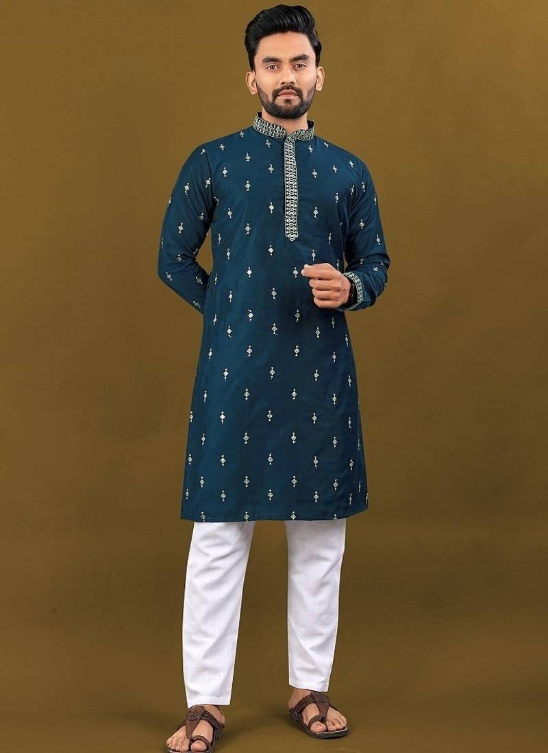 Men's rama blue matka silk silver zari with embroidery butti work kurta set