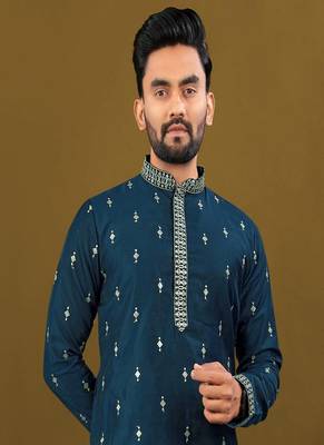 Men's rama blue matka silk silver zari with embroidery butti work kurta set 2