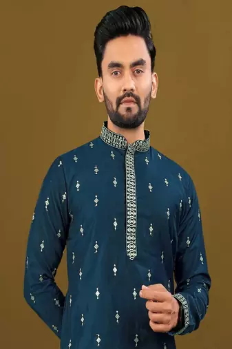 Men's rama blue matka silk silver zari with embroidery butti work kurta set