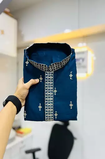 Men's rama blue matka silk silver zari with embroidery butti work kurta set