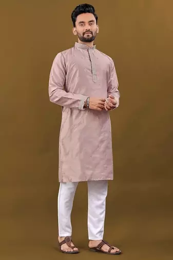 Men's pink matka silk silver zari with embroidery butti work kurta set