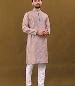 Men's pink matka silk silver zari with embroidery butti work kurta set