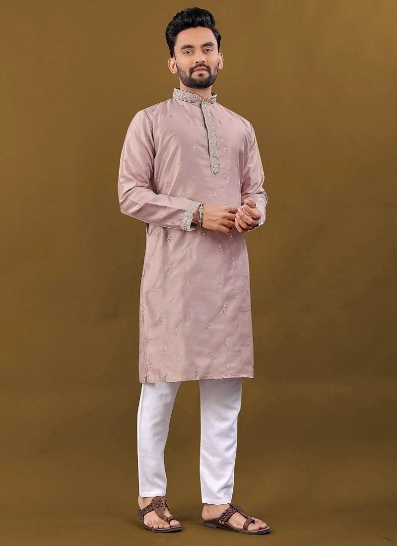 Men's pink matka silk silver zari with embroidery butti work kurta set