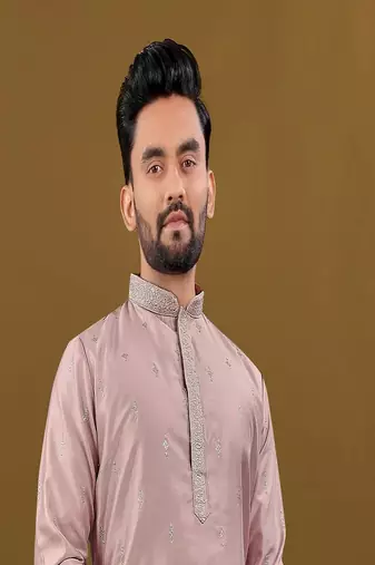 Men's pink matka silk silver zari with embroidery butti work kurta set