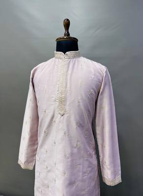 Men's pink matka silk silver zari with embroidery butti work kurta set 3