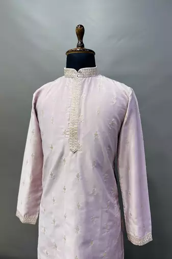 Men's pink matka silk silver zari with embroidery butti work kurta set