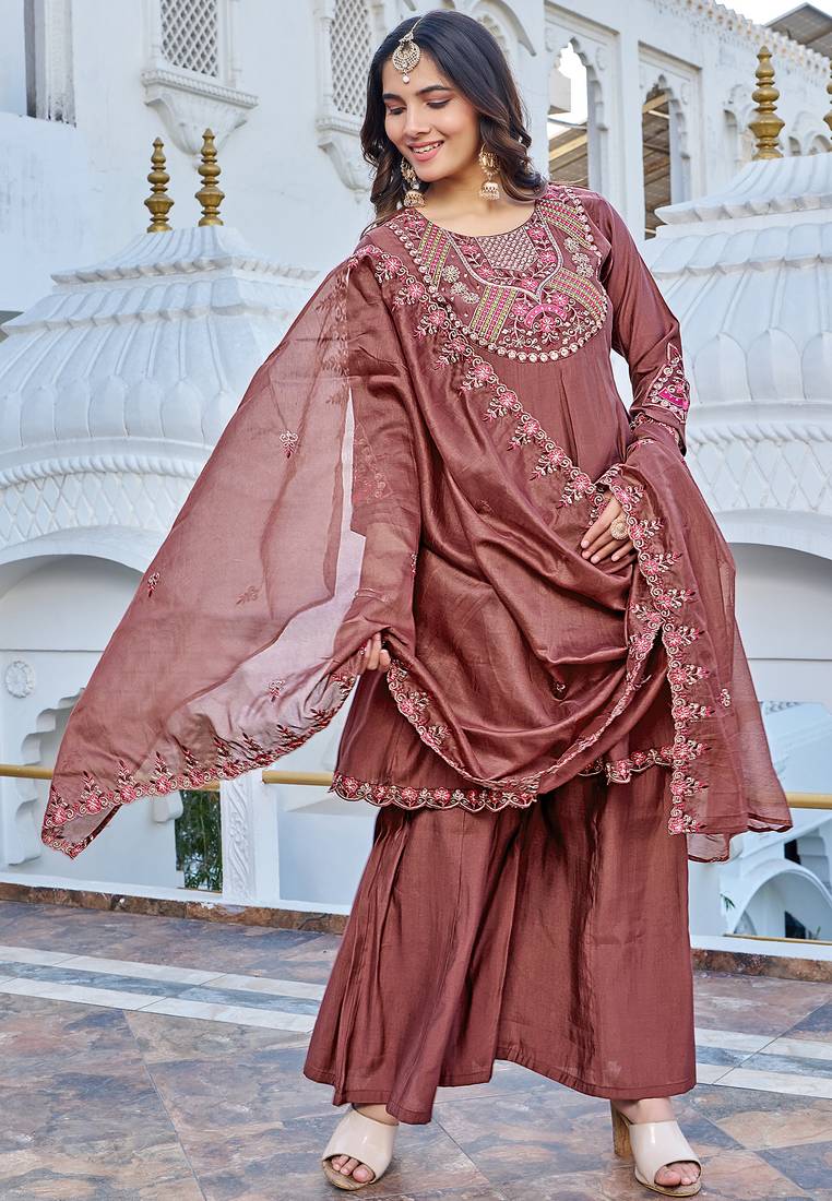 Women Ethnic Motifs Embroidered Roman Kurta with Trouser & Dupatta