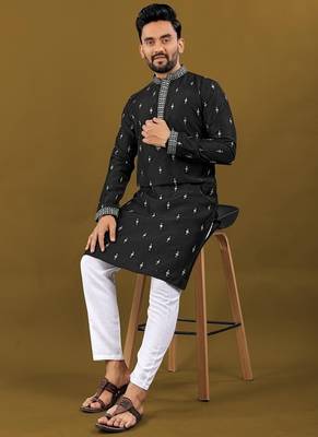 Men's black matka silk silver zari with embroidery butti work kurta set 1