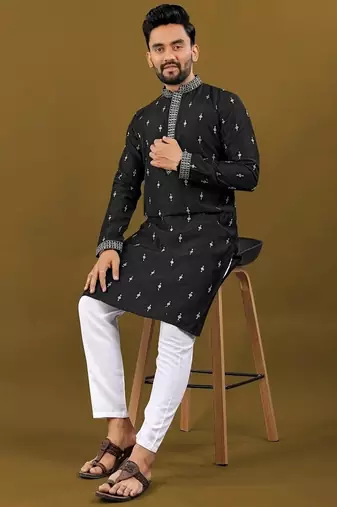 Men's black matka silk silver zari with embroidery butti work kurta set