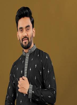Men's black matka silk silver zari with embroidery butti work kurta set 2