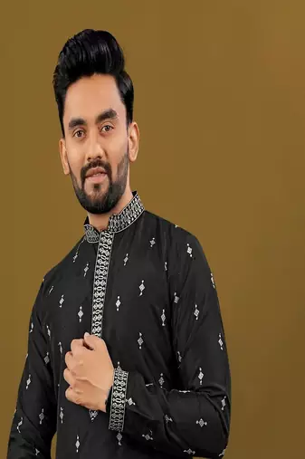 Men's black matka silk silver zari with embroidery butti work kurta set