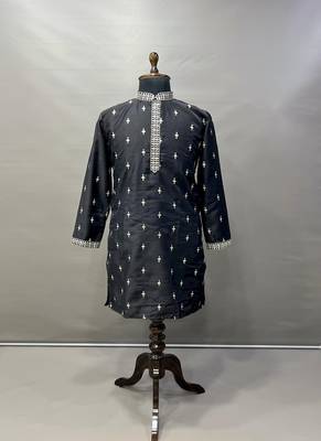 Men's black matka silk silver zari with embroidery butti work kurta set 3