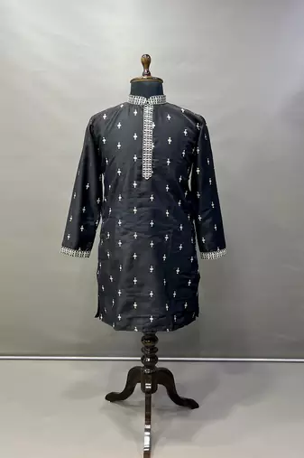 Men's black matka silk silver zari with embroidery butti work kurta set